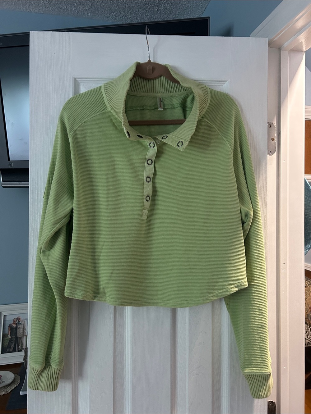 FP Movement by Free People Light Green Ribbed Henley Pullover
